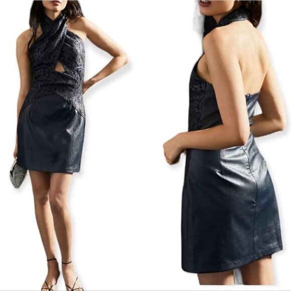 Eva Franco for Anthropologie Faux Leather Navy Lace Dress NEW